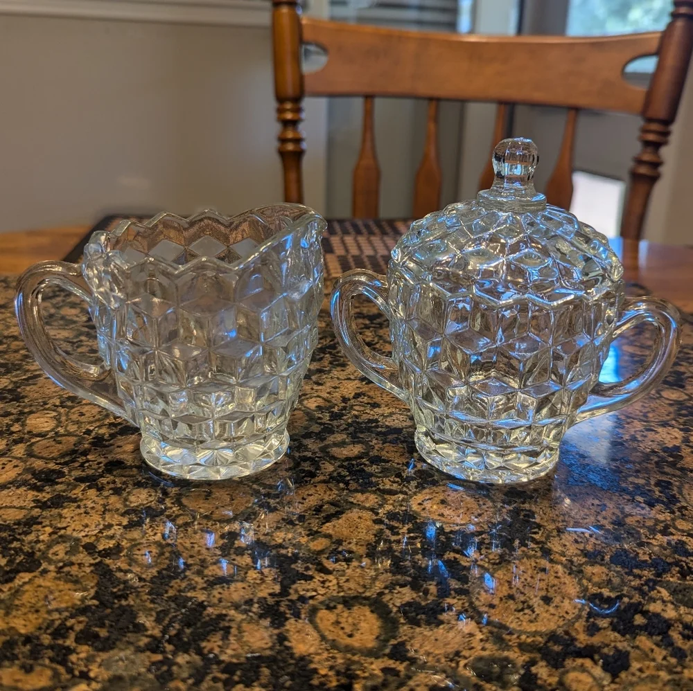 VTG Indiana Glass American Whitehall Creamer Sugar Set W Lid Cubist Pattern USA